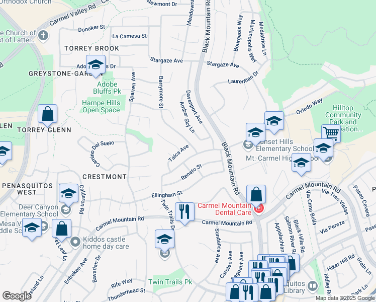 map of restaurants, bars, coffee shops, grocery stores, and more near 13833 Barrymore Street in San Diego