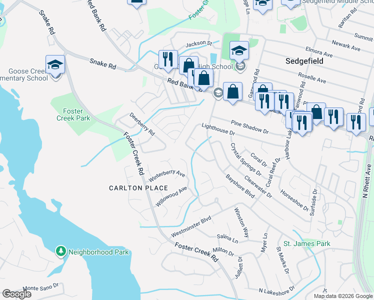 map of restaurants, bars, coffee shops, grocery stores, and more near 64 Lighthouse Drive in Goose Creek