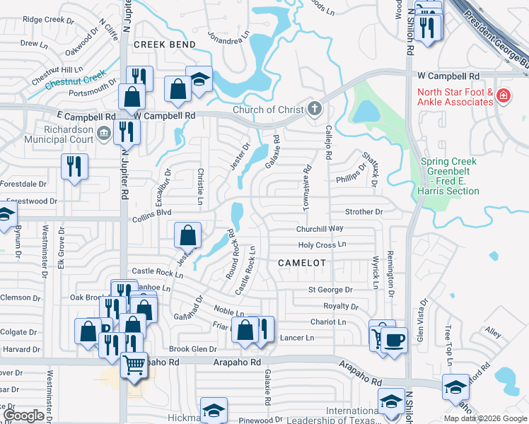 map of restaurants, bars, coffee shops, grocery stores, and more near 2933 Carnaby Lane in Garland