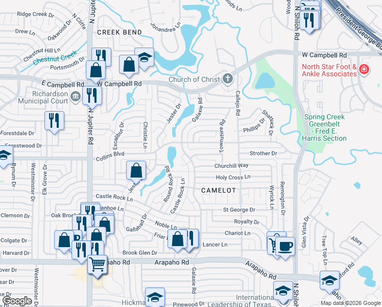 map of restaurants, bars, coffee shops, grocery stores, and more near 2933 Carnaby Lane in Garland