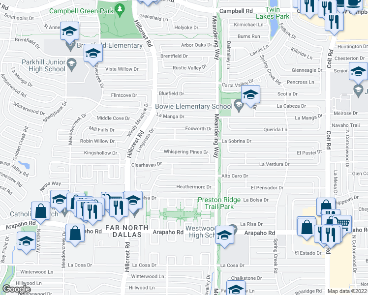 map of restaurants, bars, coffee shops, grocery stores, and more near 7316 La Sobrina Drive in Dallas