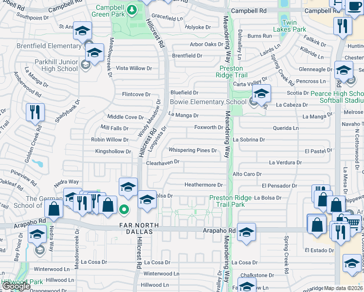 map of restaurants, bars, coffee shops, grocery stores, and more near 7222 La Sobrina Drive in Dallas