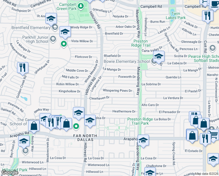 map of restaurants, bars, coffee shops, grocery stores, and more near 7222 La Sobrina Drive in Dallas