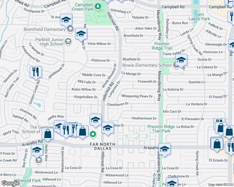 map of restaurants, bars, coffee shops, grocery stores, and more near 16060 Longvista Drive in Dallas
