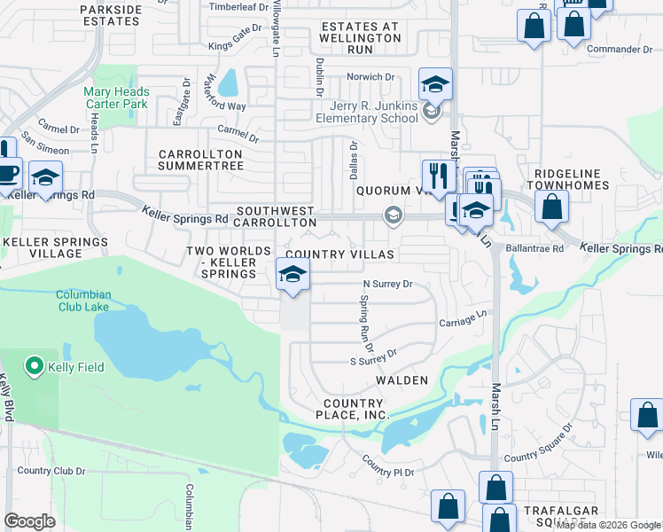 map of restaurants, bars, coffee shops, grocery stores, and more near 2716 Creekwood Court in Carrollton
