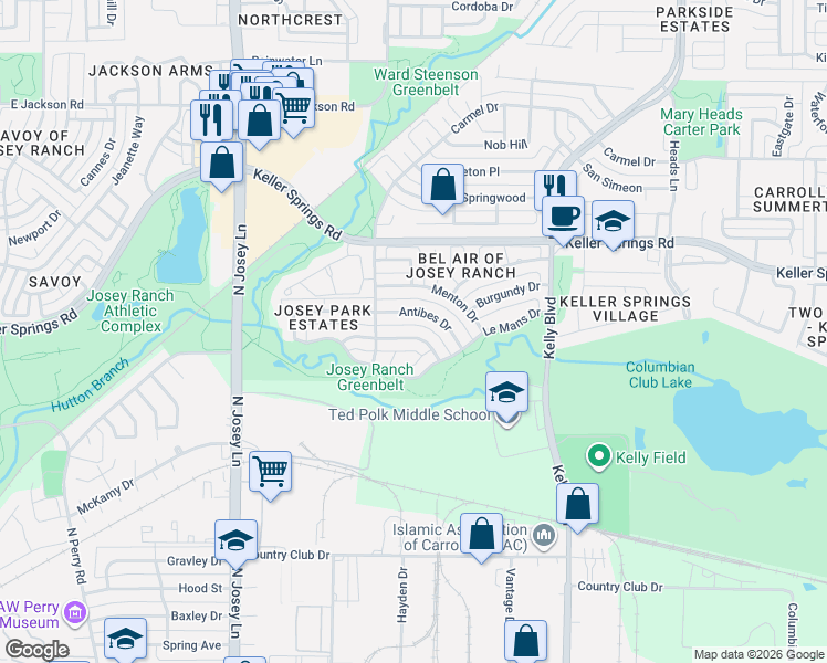 map of restaurants, bars, coffee shops, grocery stores, and more near 2106 Antibes Drive in Carrollton