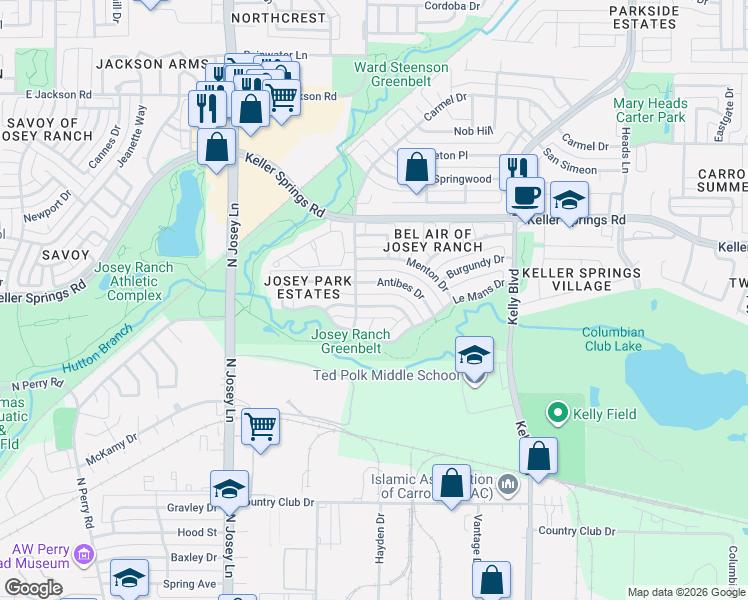 map of restaurants, bars, coffee shops, grocery stores, and more near 2106 Antibes Drive in Carrollton