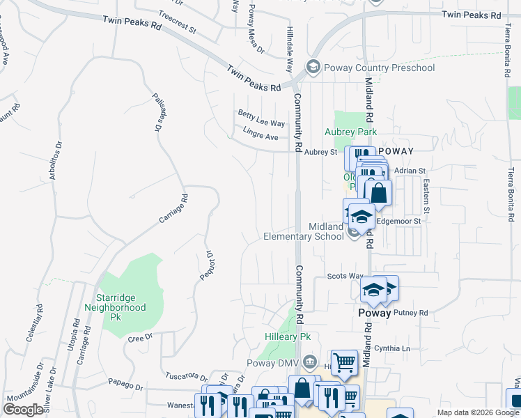 map of restaurants, bars, coffee shops, grocery stores, and more near 14063 Hermosillo Way in Poway