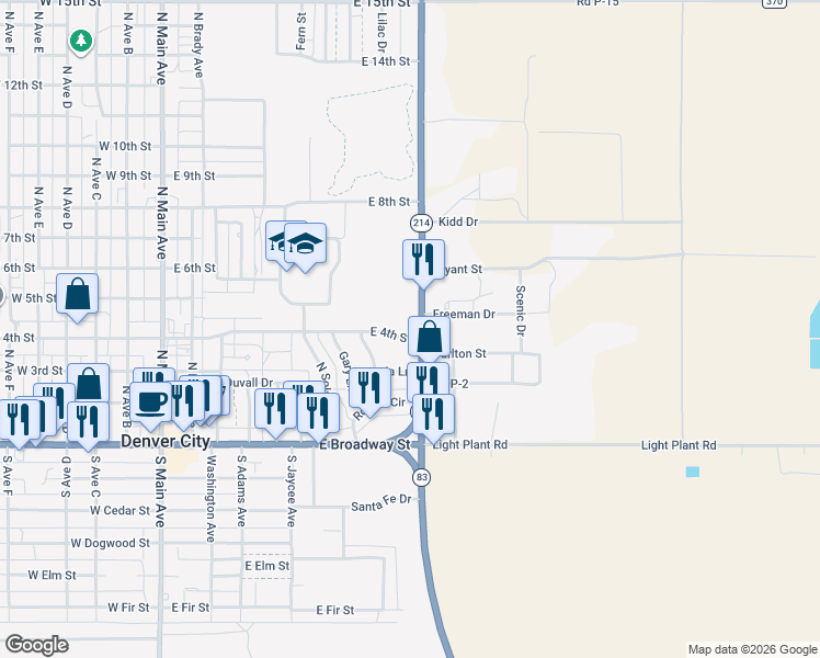 map of restaurants, bars, coffee shops, grocery stores, and more near 406-476 Highway 214 in Denver City