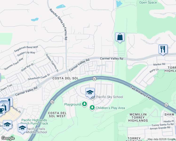 map of restaurants, bars, coffee shops, grocery stores, and more near 6689 Dondero Trail in San Diego