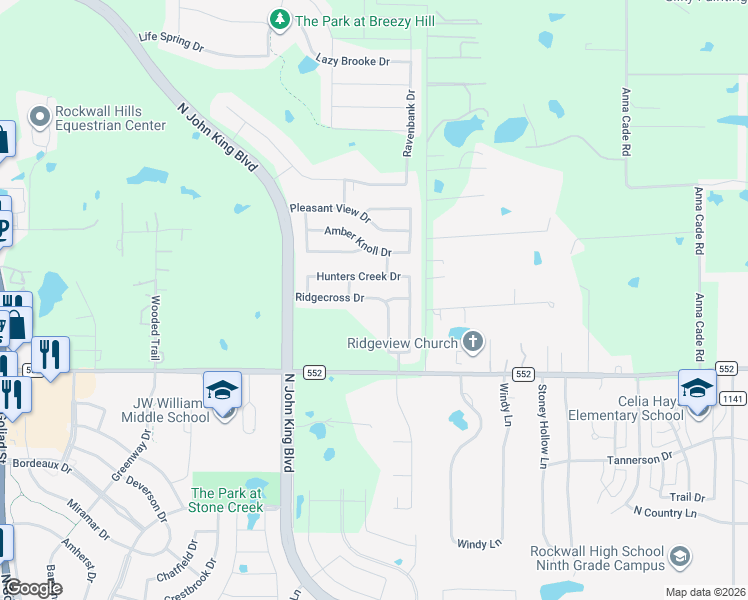 map of restaurants, bars, coffee shops, grocery stores, and more near 3422 Ridgecross Drive in Rockwall