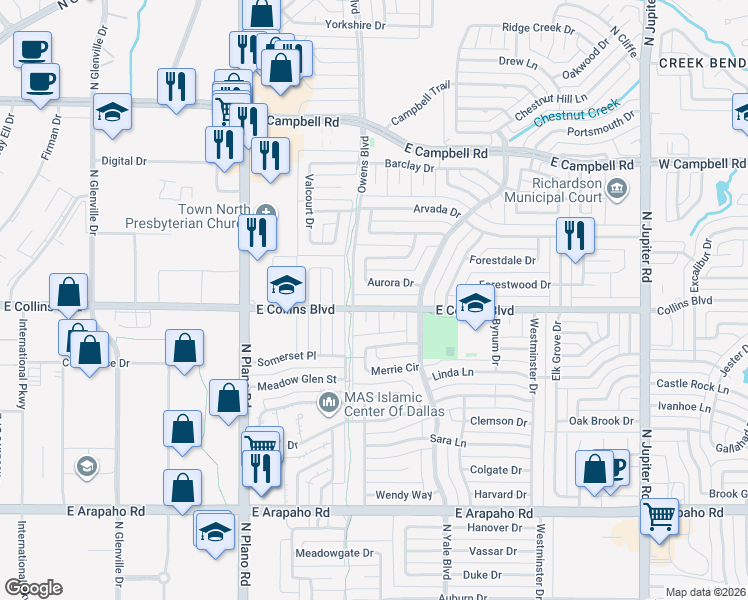 map of restaurants, bars, coffee shops, grocery stores, and more near 1621 Aurora Drive in Richardson