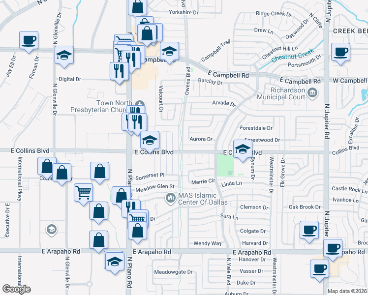 map of restaurants, bars, coffee shops, grocery stores, and more near 1621 Aurora Drive in Richardson
