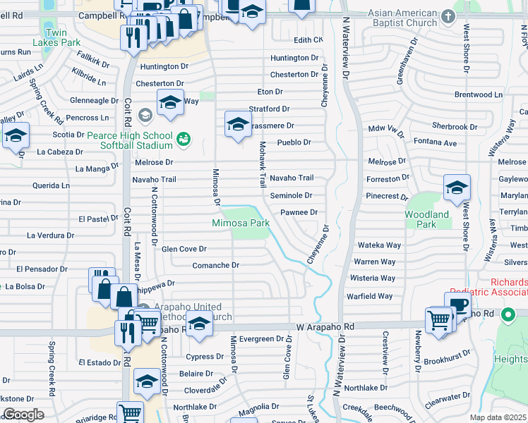 map of restaurants, bars, coffee shops, grocery stores, and more near 1245 Mohawk Trail in Richardson