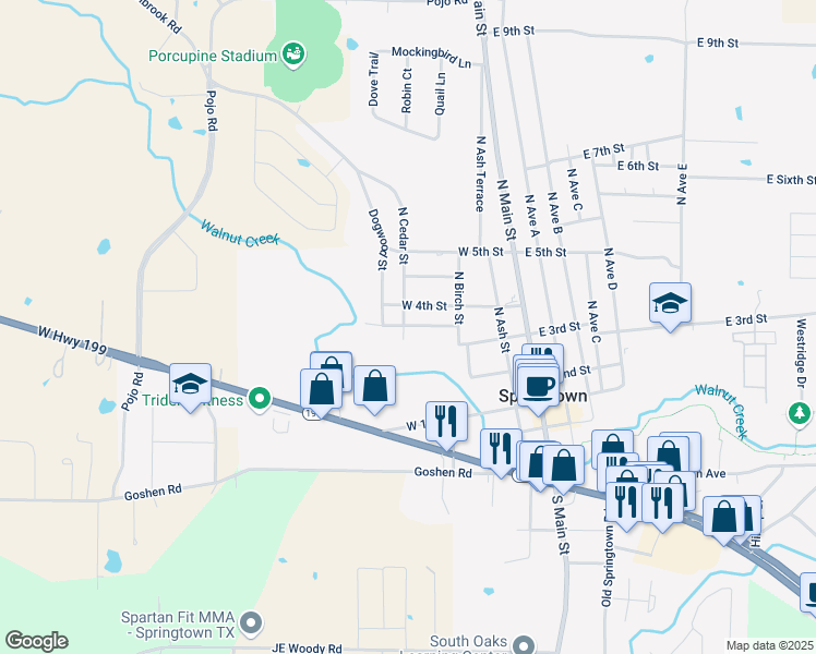 map of restaurants, bars, coffee shops, grocery stores, and more near 324 West 3rd Terrace in Springtown