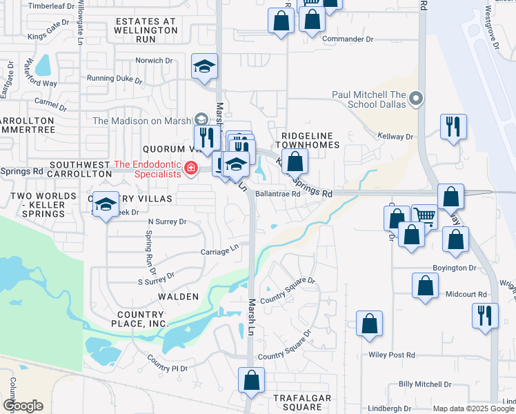 map of restaurants, bars, coffee shops, grocery stores, and more near 5 Marsh Lane in Carrollton