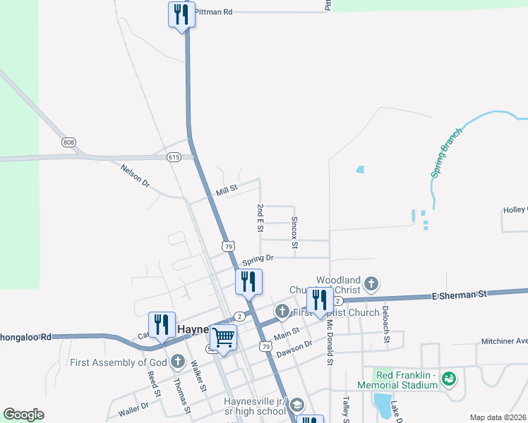 map of restaurants, bars, coffee shops, grocery stores, and more near 2098 Roland Drive in Haynesville