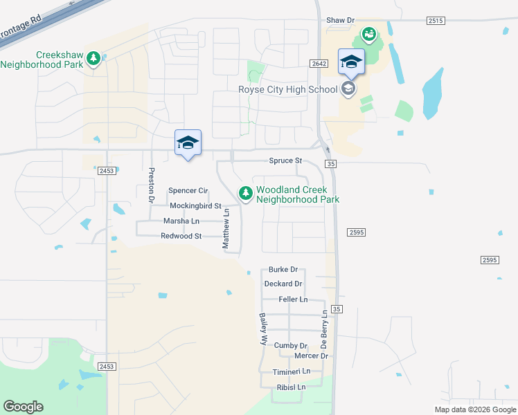 map of restaurants, bars, coffee shops, grocery stores, and more near 721 Newberry Lane in Royse City