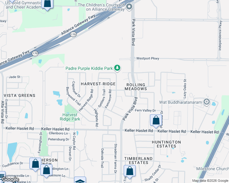 map of restaurants, bars, coffee shops, grocery stores, and more near 13200 Fencerow Road in Fort Worth