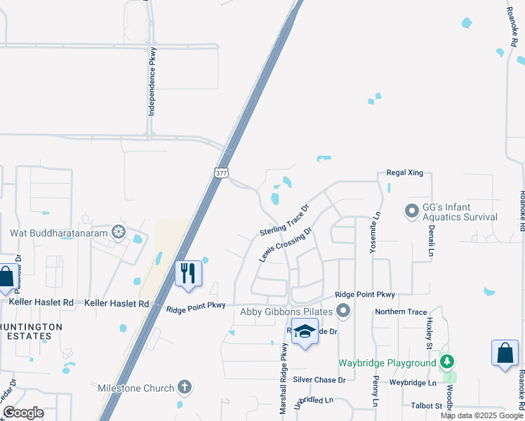map of restaurants, bars, coffee shops, grocery stores, and more near 1601 Marshall Ridge Parkway in Keller