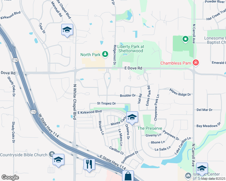 map of restaurants, bars, coffee shops, grocery stores, and more near 2109 Canyon Park Drive in Southlake