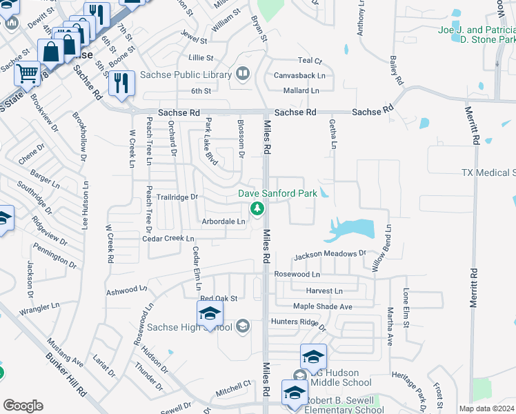 map of restaurants, bars, coffee shops, grocery stores, and more near 4405 Miles Road in Sachse