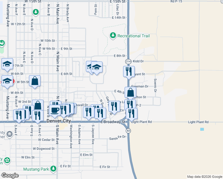 map of restaurants, bars, coffee shops, grocery stores, and more near 701-799 E 4th St in Denver City