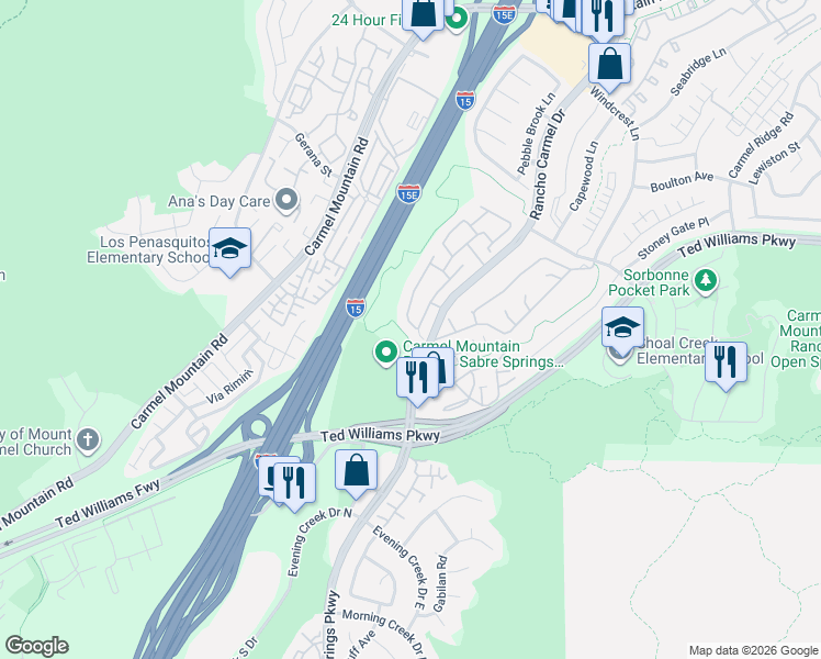 map of restaurants, bars, coffee shops, grocery stores, and more near 10264 Rancho Carmel Drive in San Diego