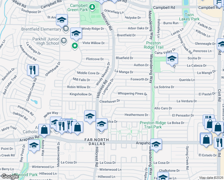 map of restaurants, bars, coffee shops, grocery stores, and more near 16060 Longvista Drive in Dallas