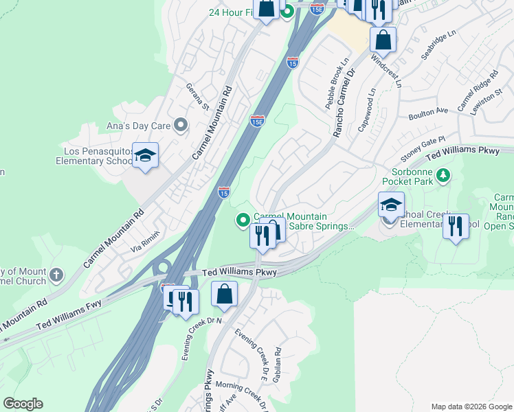 map of restaurants, bars, coffee shops, grocery stores, and more near 10264 Rancho Carmel Drive in San Diego