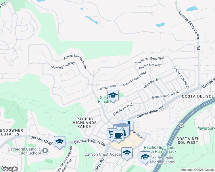 map of restaurants, bars, coffee shops, grocery stores, and more near 6144 Artisan Way in San Diego