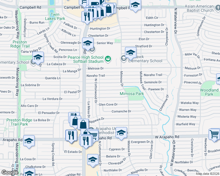 map of restaurants, bars, coffee shops, grocery stores, and more near 1312 Chickasaw Drive in Richardson