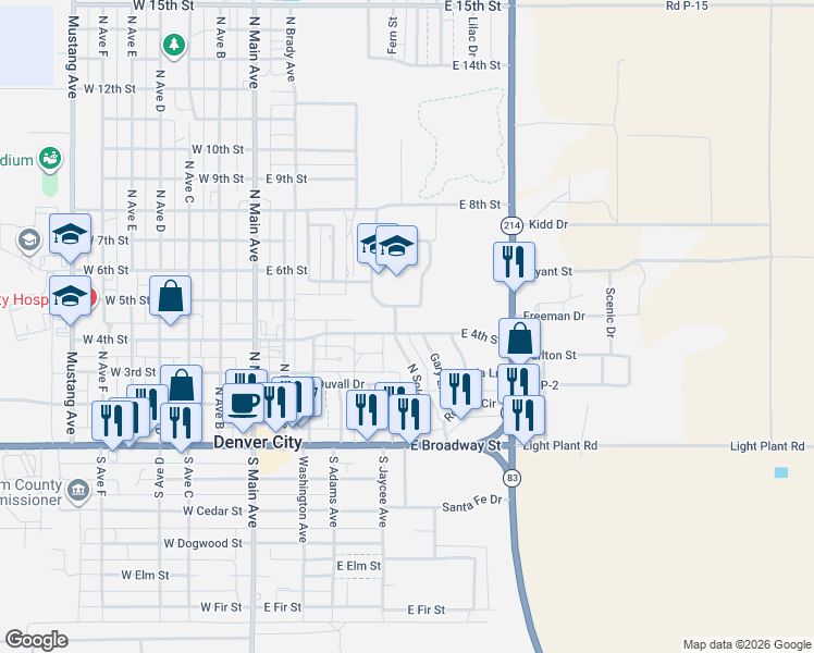 map of restaurants, bars, coffee shops, grocery stores, and more near 500-698 North Soland Avenue in Denver City
