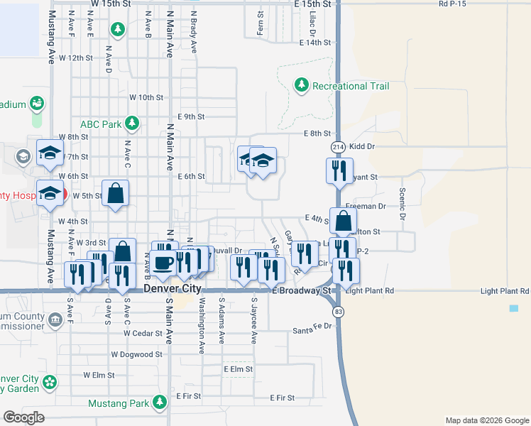 map of restaurants, bars, coffee shops, grocery stores, and more near 500-698 North Soland Avenue in Denver City