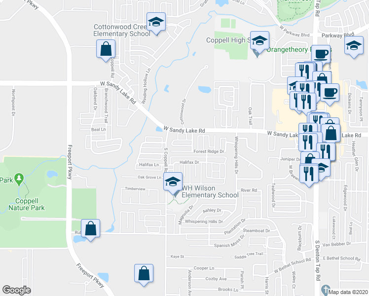 map of restaurants, bars, coffee shops, grocery stores, and more near 474 Forest Ridge Drive in Coppell