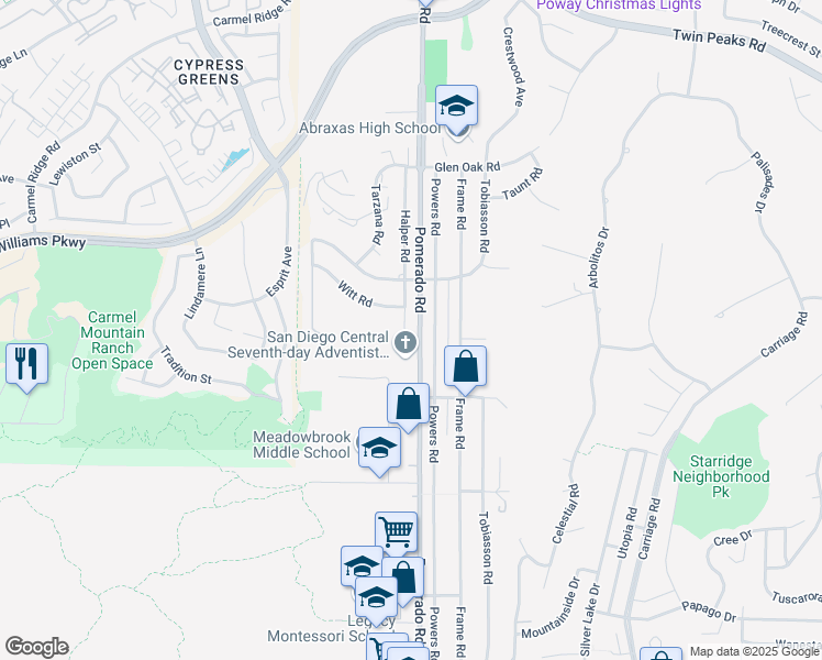 map of restaurants, bars, coffee shops, grocery stores, and more near 14015 Halper Road in Poway