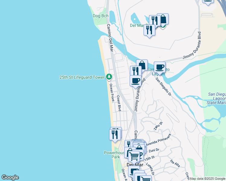 map of restaurants, bars, coffee shops, grocery stores, and more near 2307 Ocean Front in Del Mar