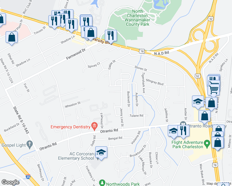 map of restaurants, bars, coffee shops, grocery stores, and more near 2425 Stadium Drive in North Charleston