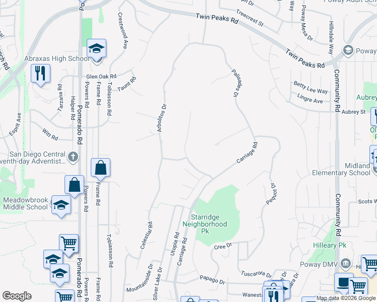 map of restaurants, bars, coffee shops, grocery stores, and more near 14001 Saddlewood Drive in Poway