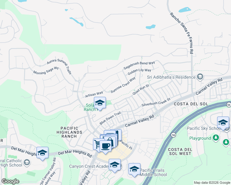 map of restaurants, bars, coffee shops, grocery stores, and more near 6203 Sunrose Crest Way in San Diego