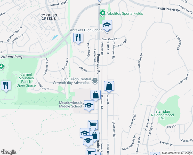 map of restaurants, bars, coffee shops, grocery stores, and more near 14015 Halper Road in Poway