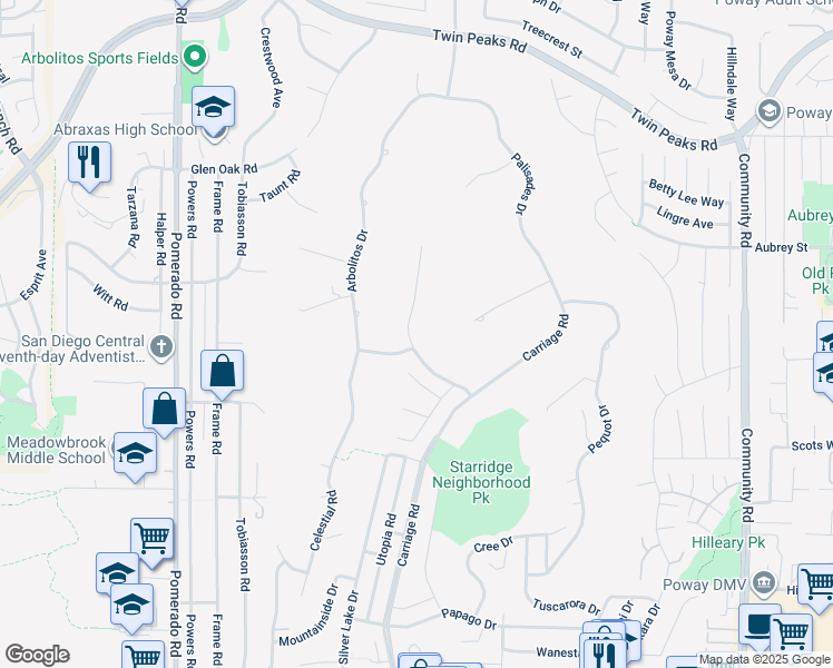 map of restaurants, bars, coffee shops, grocery stores, and more near 14001 Saddlewood Drive in Poway
