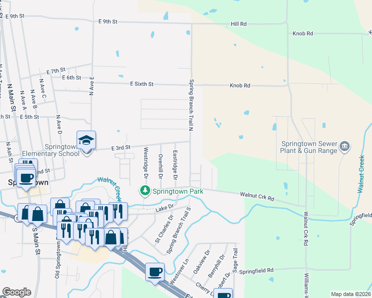 map of restaurants, bars, coffee shops, grocery stores, and more near 213 Spring Branch Trail North in Springtown