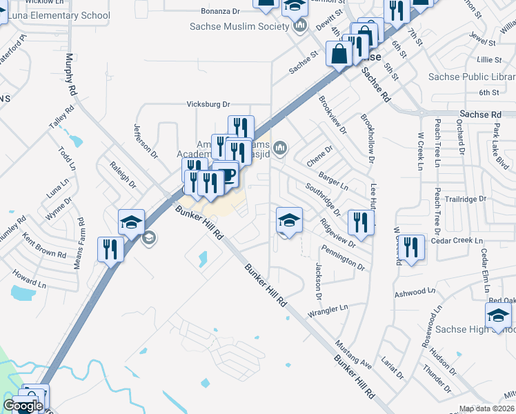 map of restaurants, bars, coffee shops, grocery stores, and more near 2417 Ash Lane in Sachse