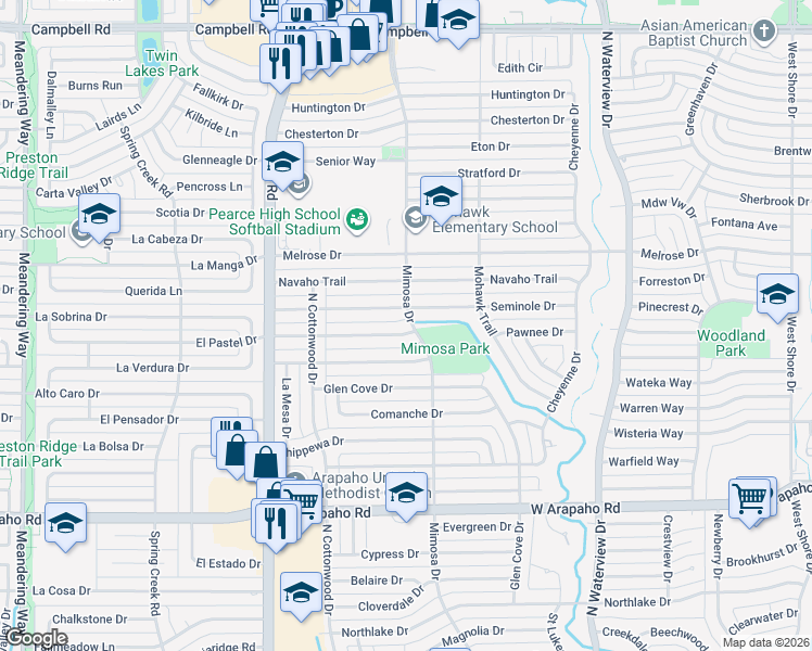 map of restaurants, bars, coffee shops, grocery stores, and more near 1300 Chickasaw Dr in Richardson
