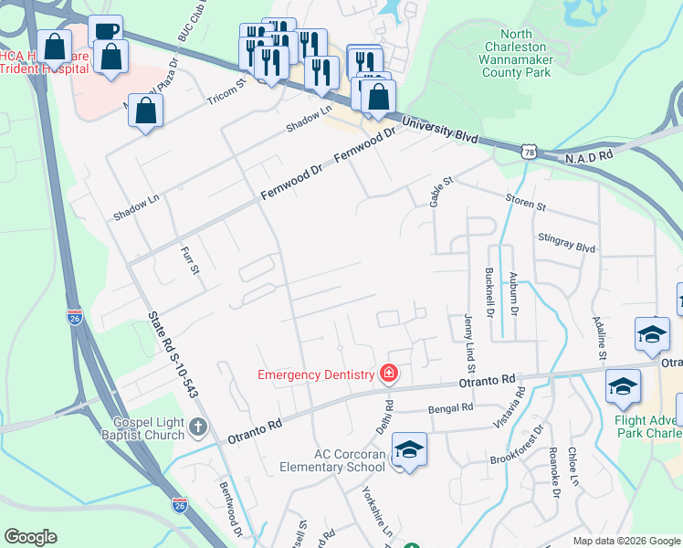 map of restaurants, bars, coffee shops, grocery stores, and more near 2717 Wheaton Street in North Charleston