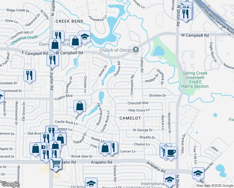 map of restaurants, bars, coffee shops, grocery stores, and more near 2937 Carnaby Lane in Garland