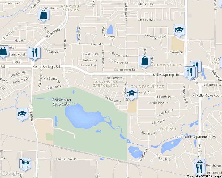 map of restaurants, bars, coffee shops, grocery stores, and more near 2016 Via Miramonte in Carrollton