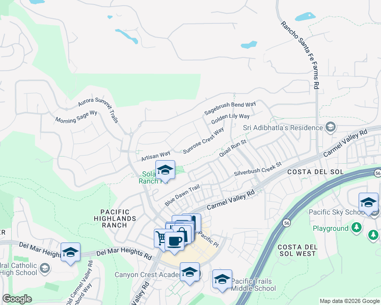 map of restaurants, bars, coffee shops, grocery stores, and more near 6203 Sunrose Crest Way in San Diego