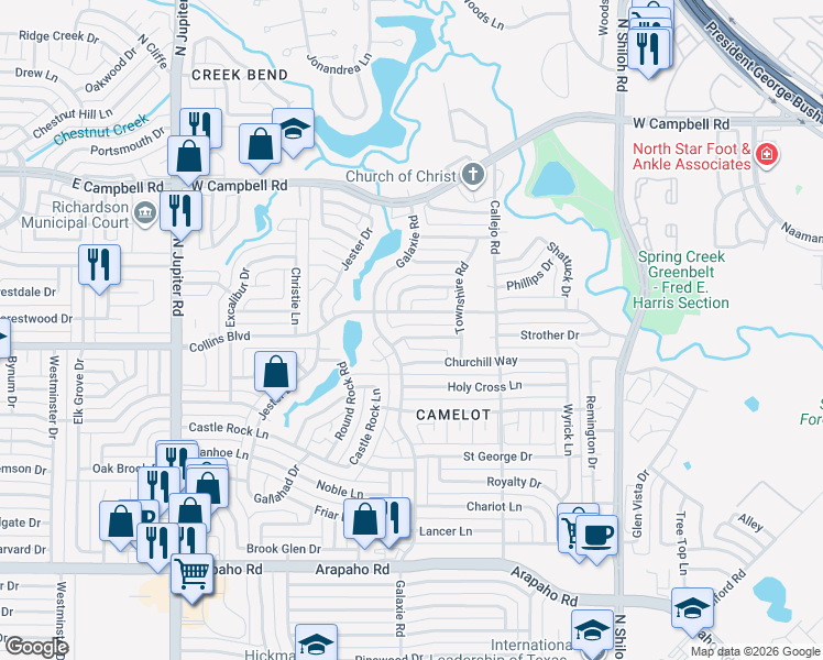 map of restaurants, bars, coffee shops, grocery stores, and more near 2933 Carnaby Ln in Garland